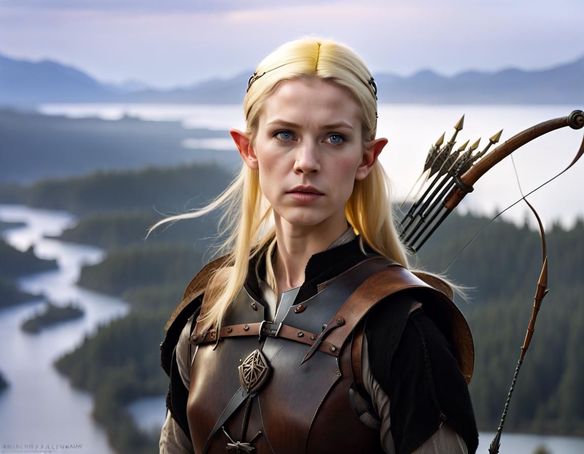 young, female elf, archer, pale yellow hair, pointed ears, bow on ...