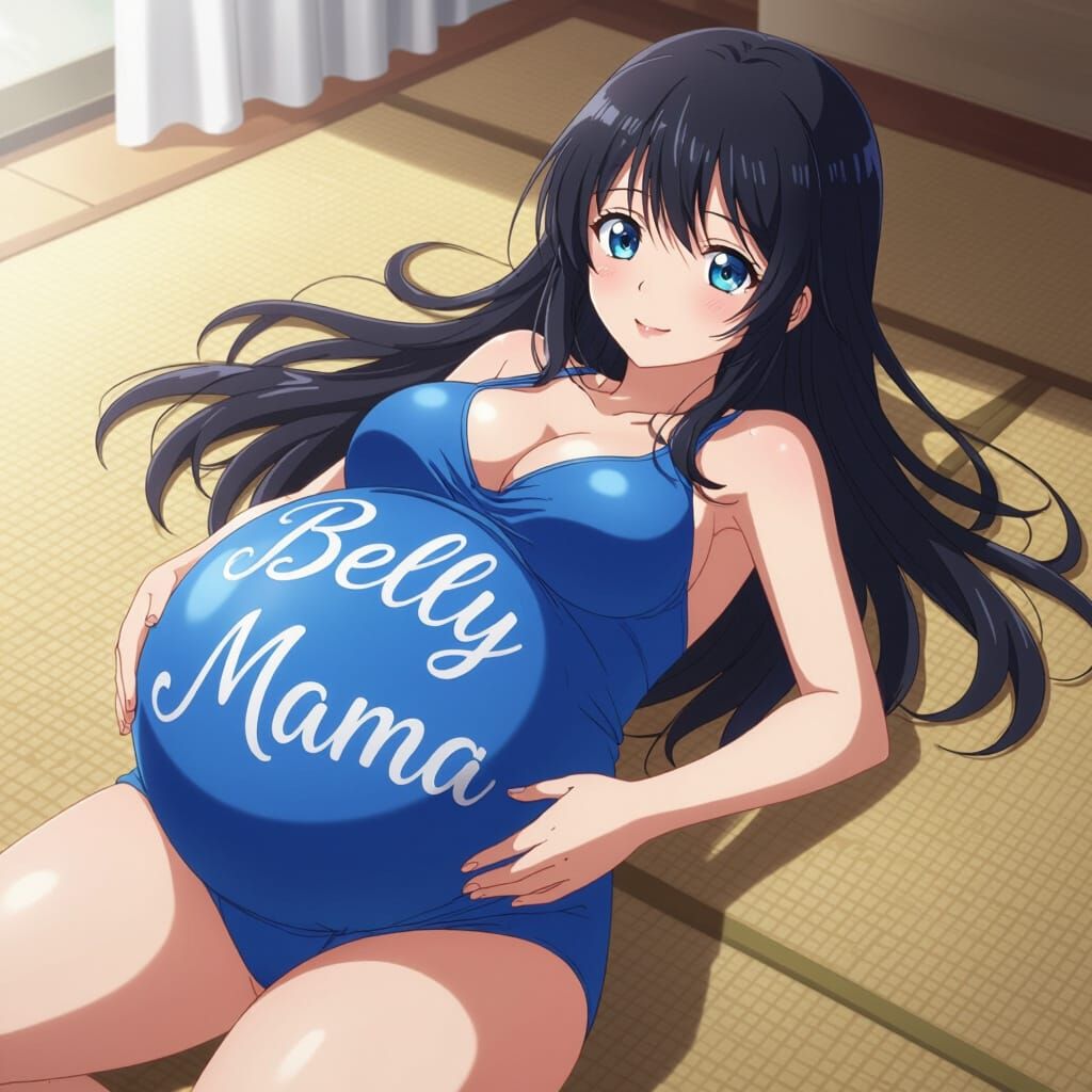 anime pregnant woman with black hair, blue eyes laying on the floor legs down, wearing a blue one-piece swimsuit with a blushed face but bot...