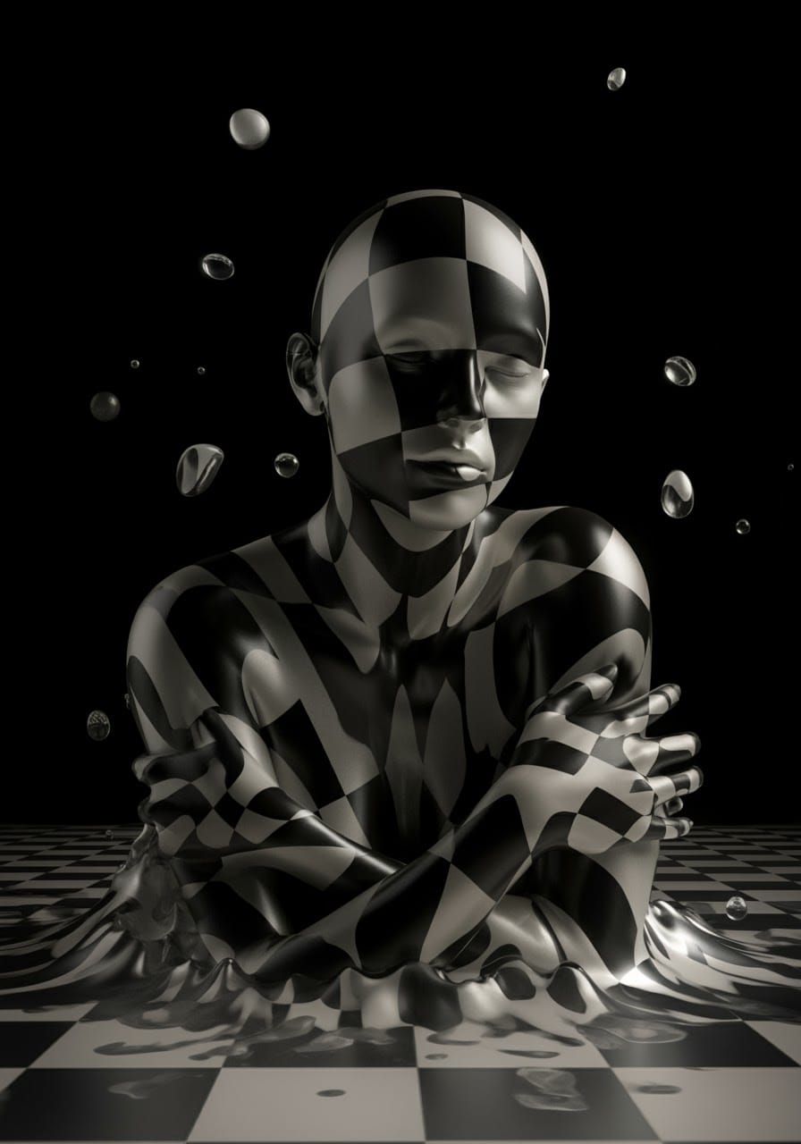 Androgynous humanoid emerging from a black and white checkered tiled floor, its skin an also with a chequered pattern, appearing to shift a...