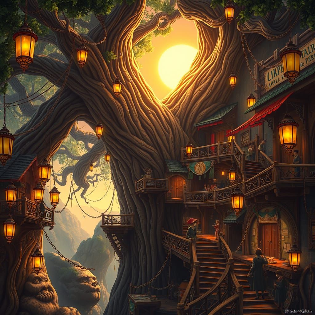  marketplace nestled within the branches of a colossal, ancient tree,