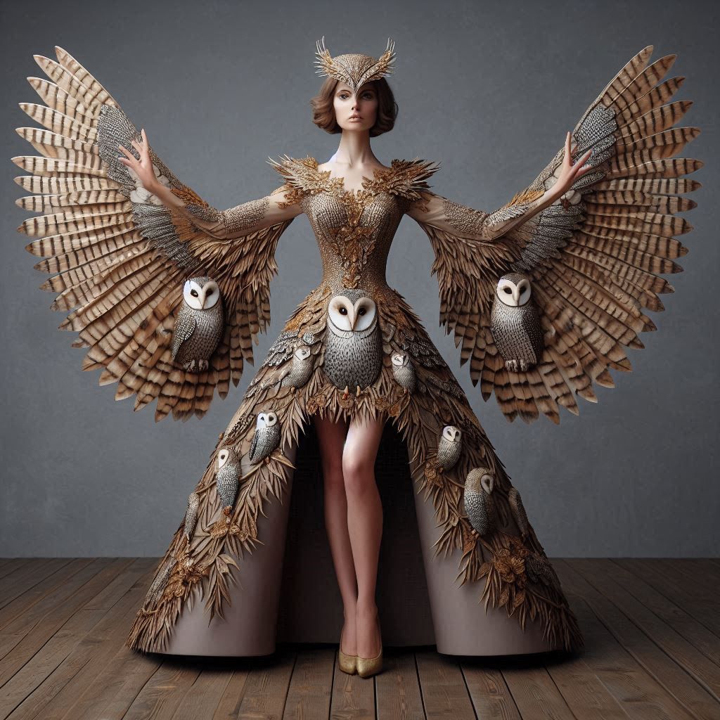 model in a dress designed to look like an owl with spread wings (dress sleeves)