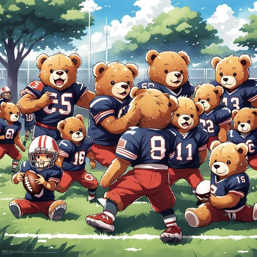 A teddy bear American football team
Practicing
