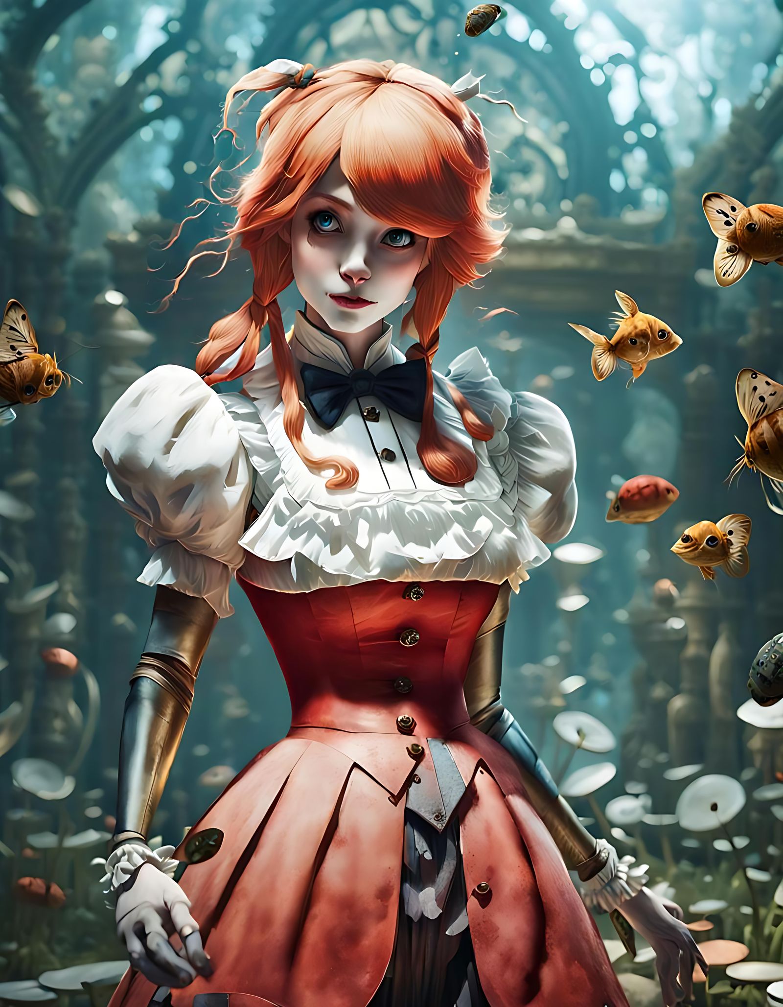 Whimsical Android Alice in  Wonderland, Anime Style Visuals Conceptual art, Abode After Effects, Unreal Engine, by Yusuk...