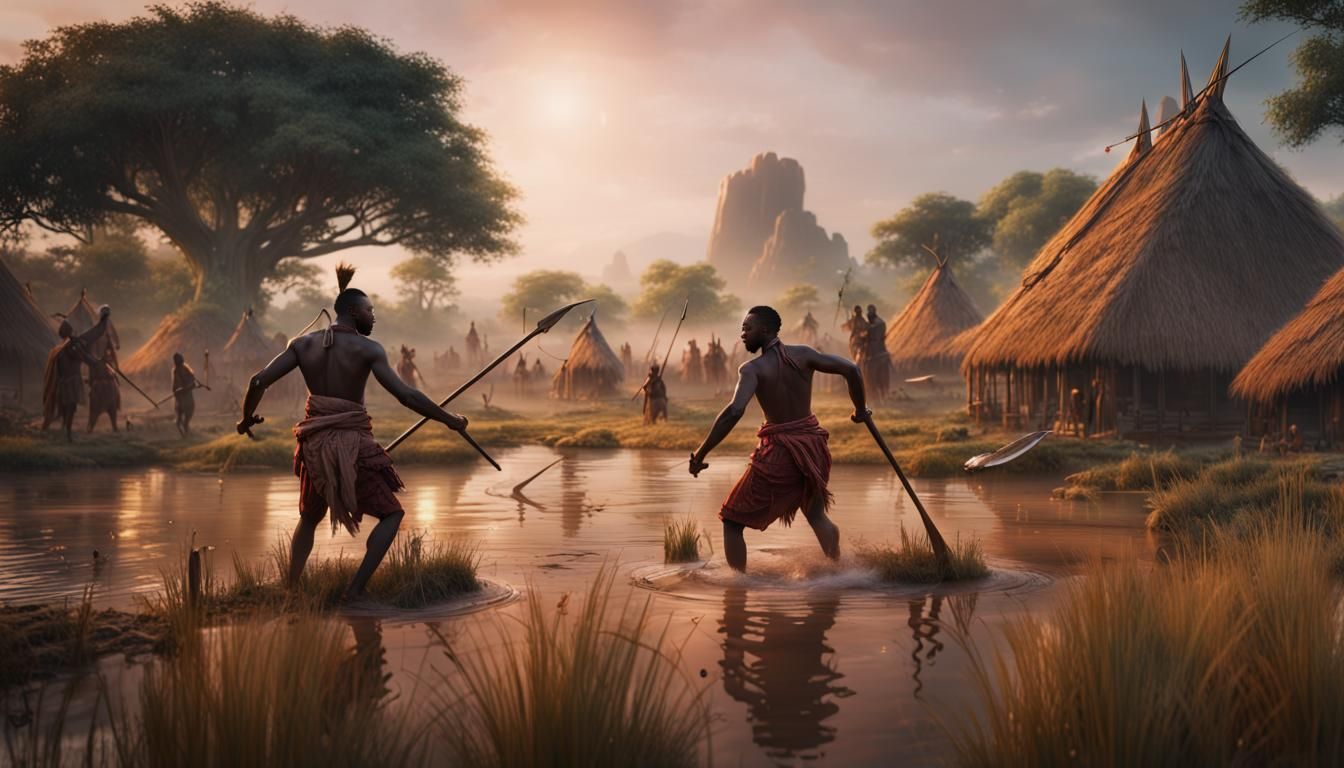 Two African warriors fighting intensity  with spears in a sh...
