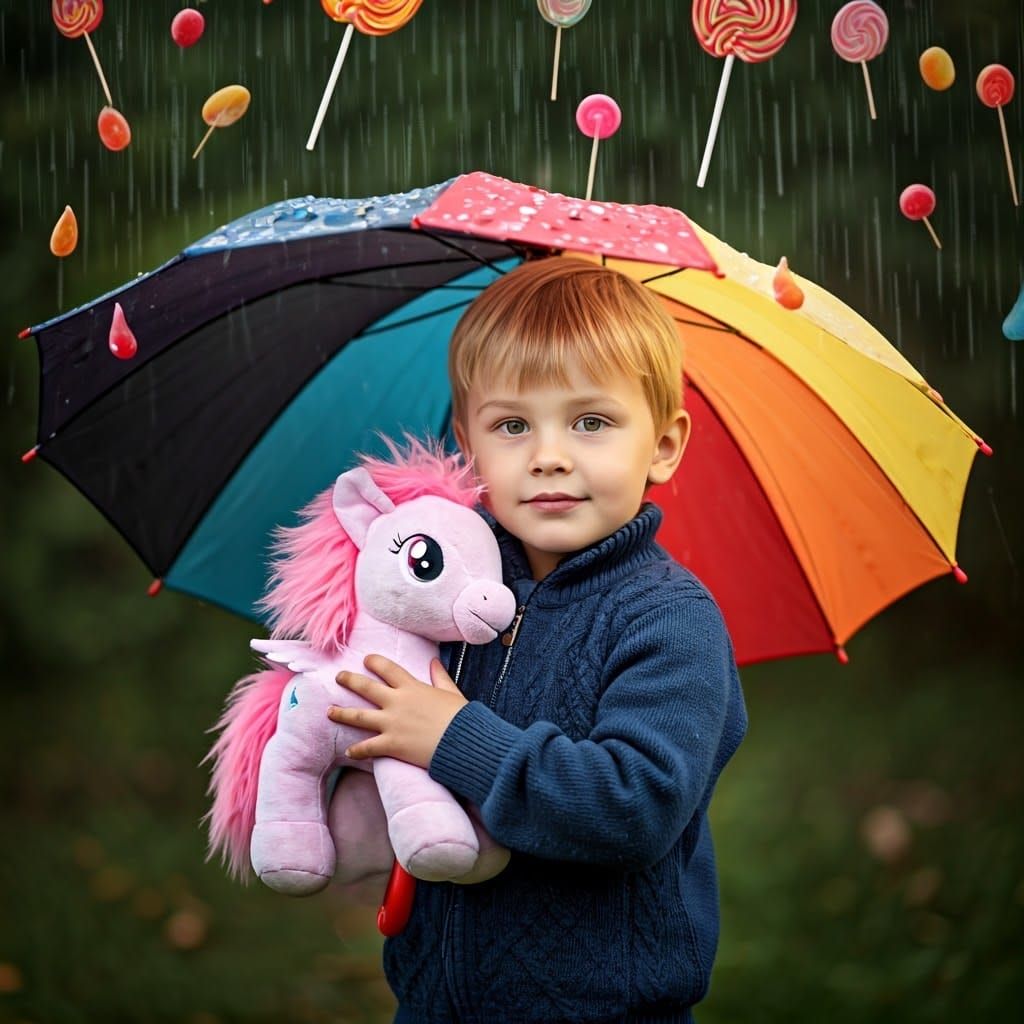 Boy Holding Umbrella in Whimsical Candy Rain