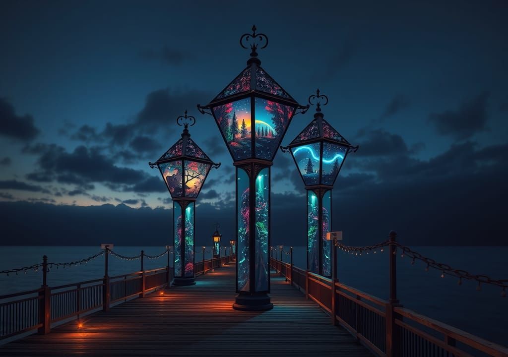 Insanely detailed photograph of a high lamp posts on a pier ...