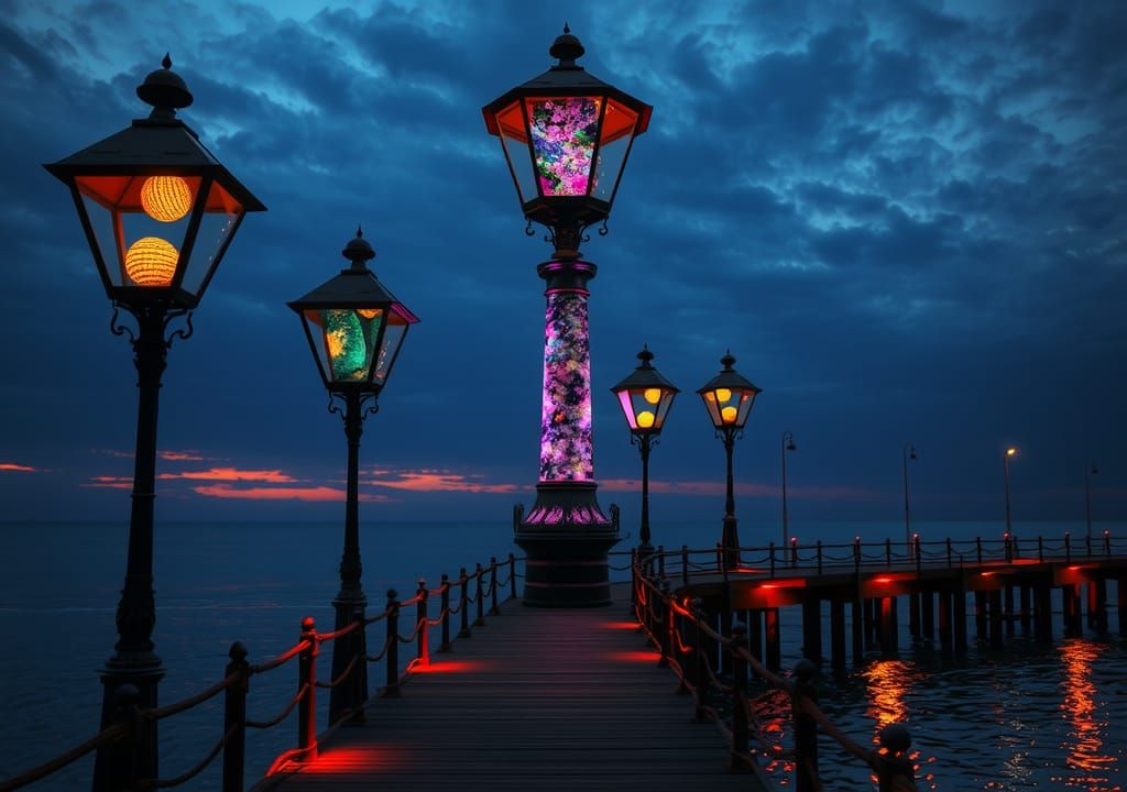 Insanely detailed photograph of a high lamp posts on a pier ...