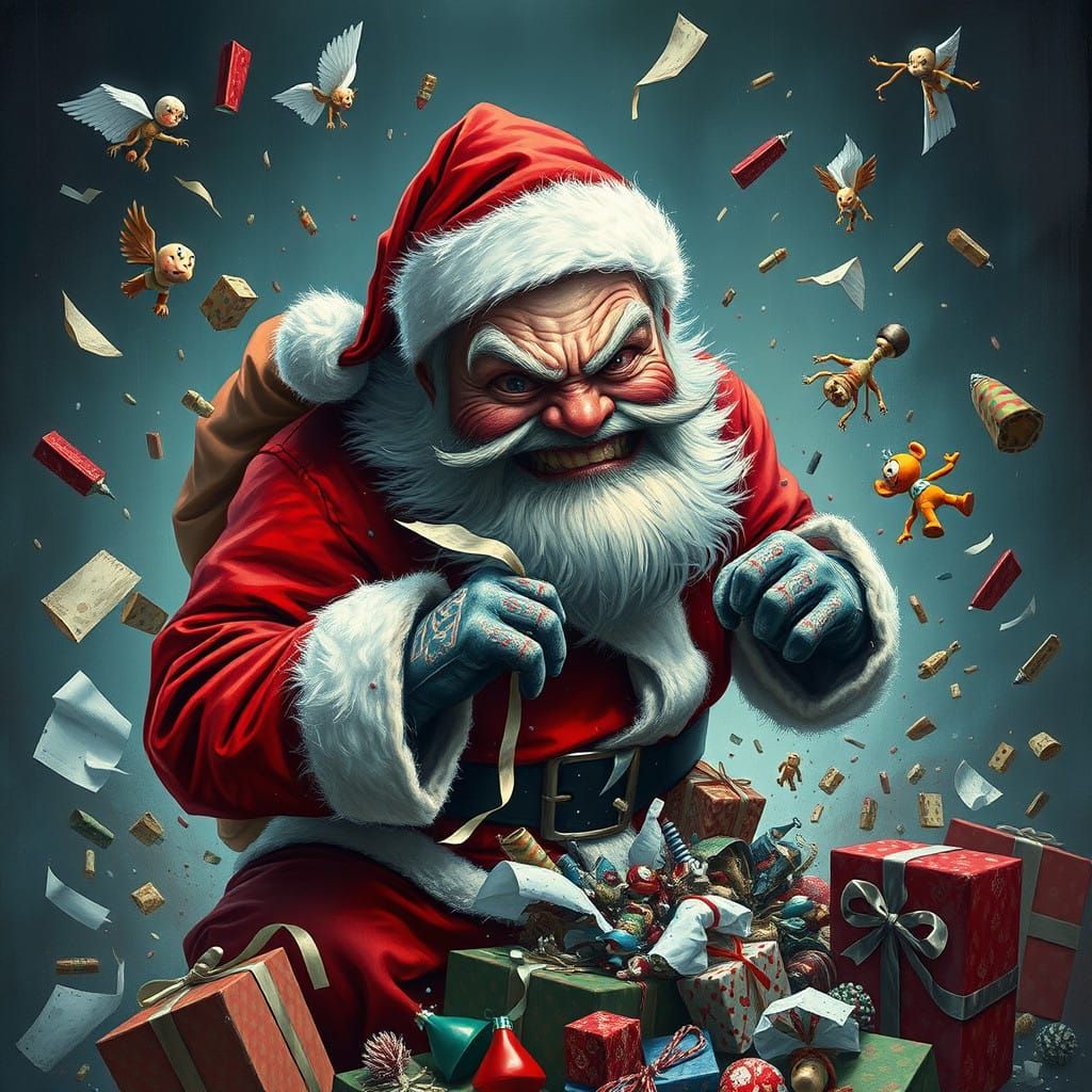 Santa clauss,   gone crazy, opening and breaking children's presents  by @Stephane-inst