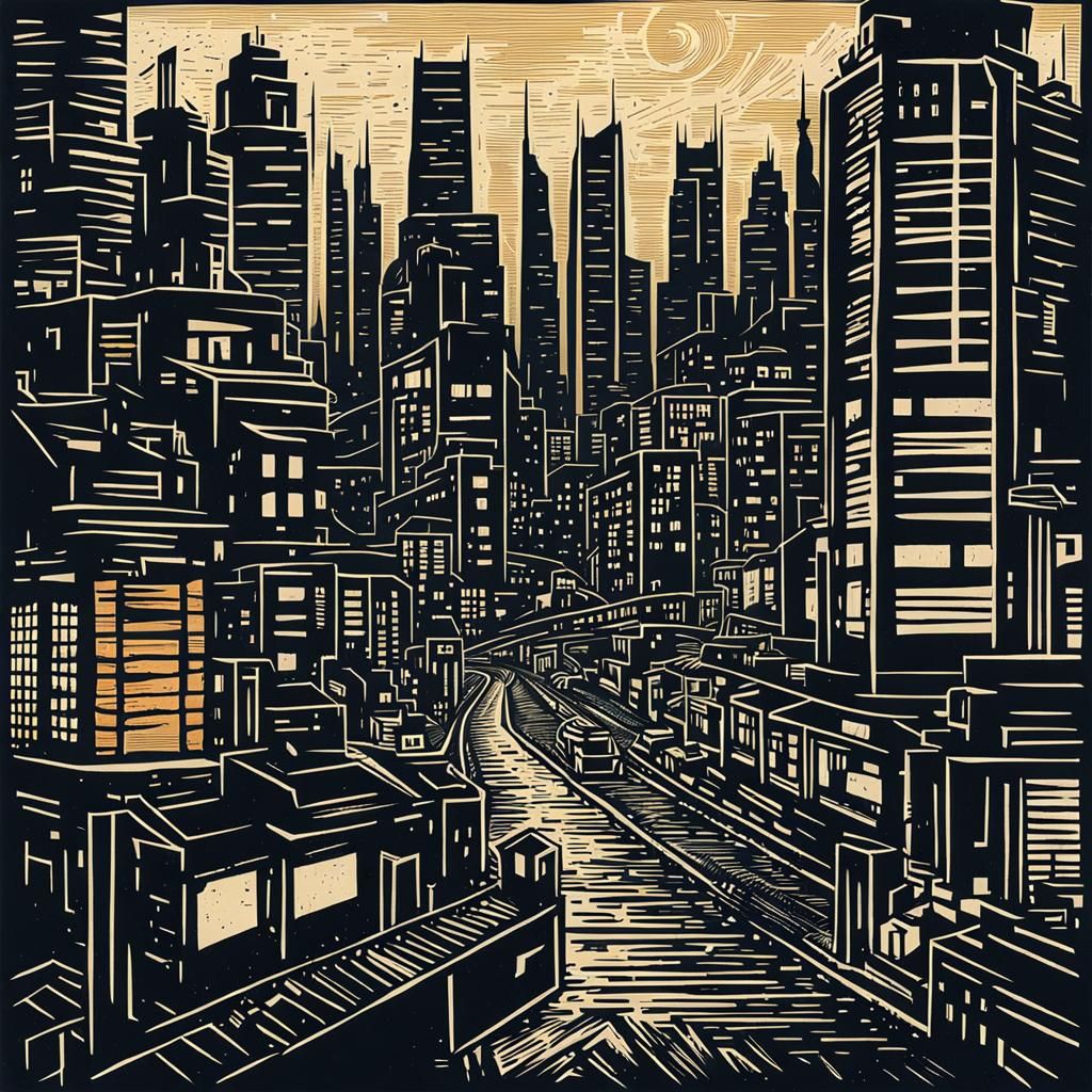 bladerunner city made in linocut style