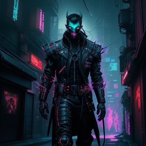 Cyberpunk Demon Emerges in Neon Alleyway