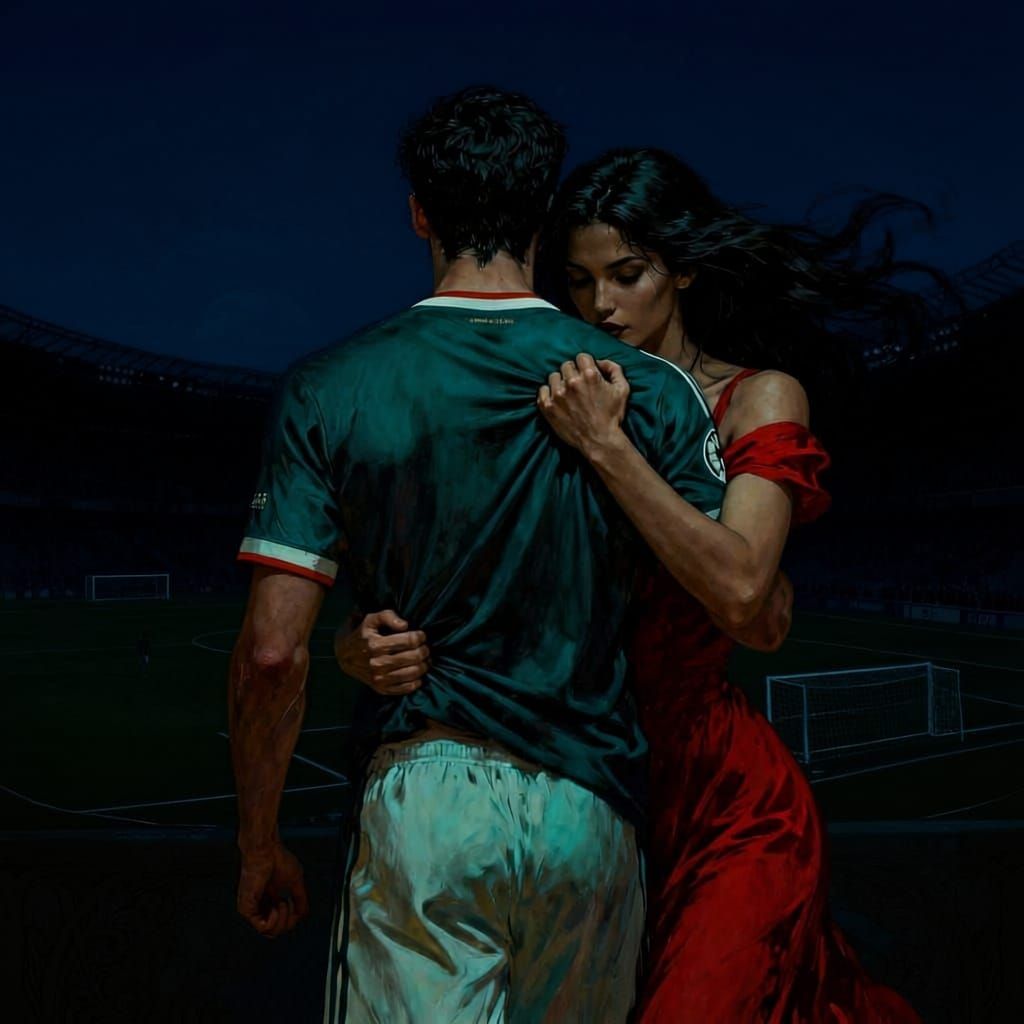art nouveau painting in the style of alfons mucha, a dark-haired man in a soccer jersey facing away full back, sensual Latina woman with lon...
