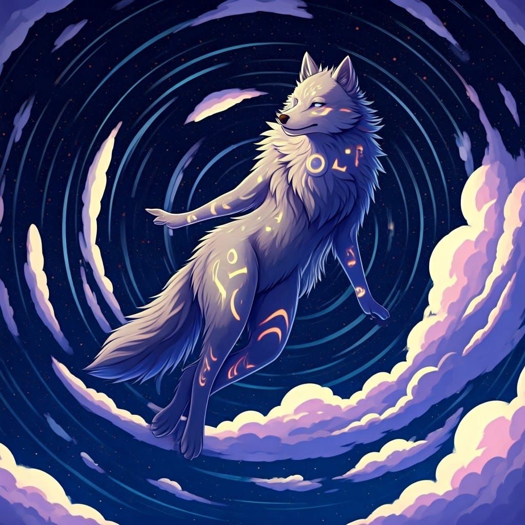 Celestial Wolf-Humanoid in Starry Dreamscape, Manga Style