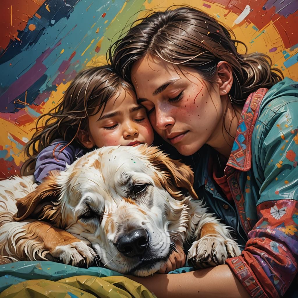 faithful dog hugs sleeping child