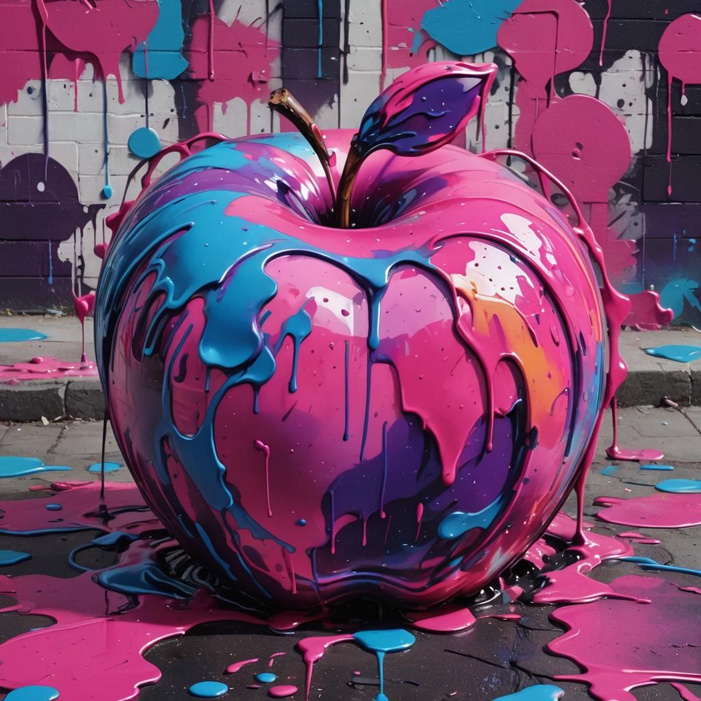 A Big neon Apple, in pink, purple and blue