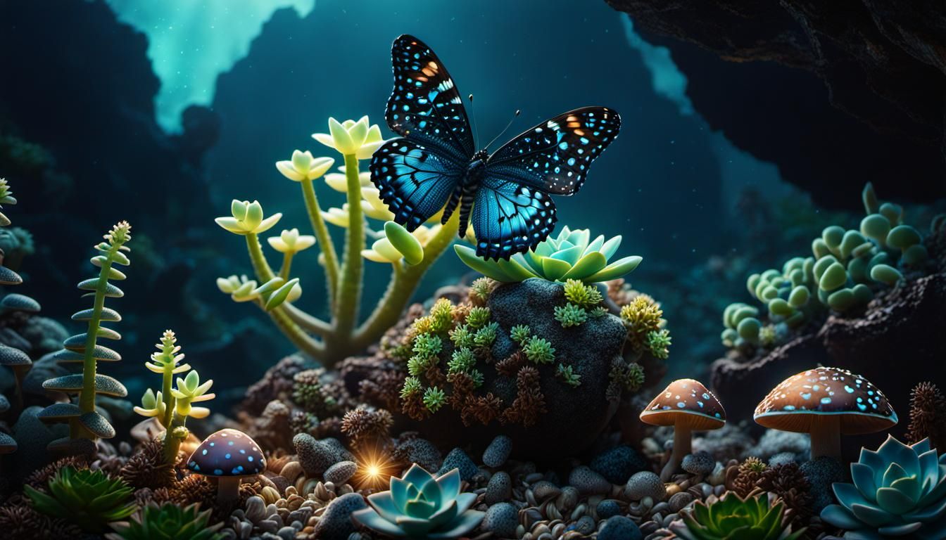 Bioluminescent Butterfly on Succulents: Digital Painting