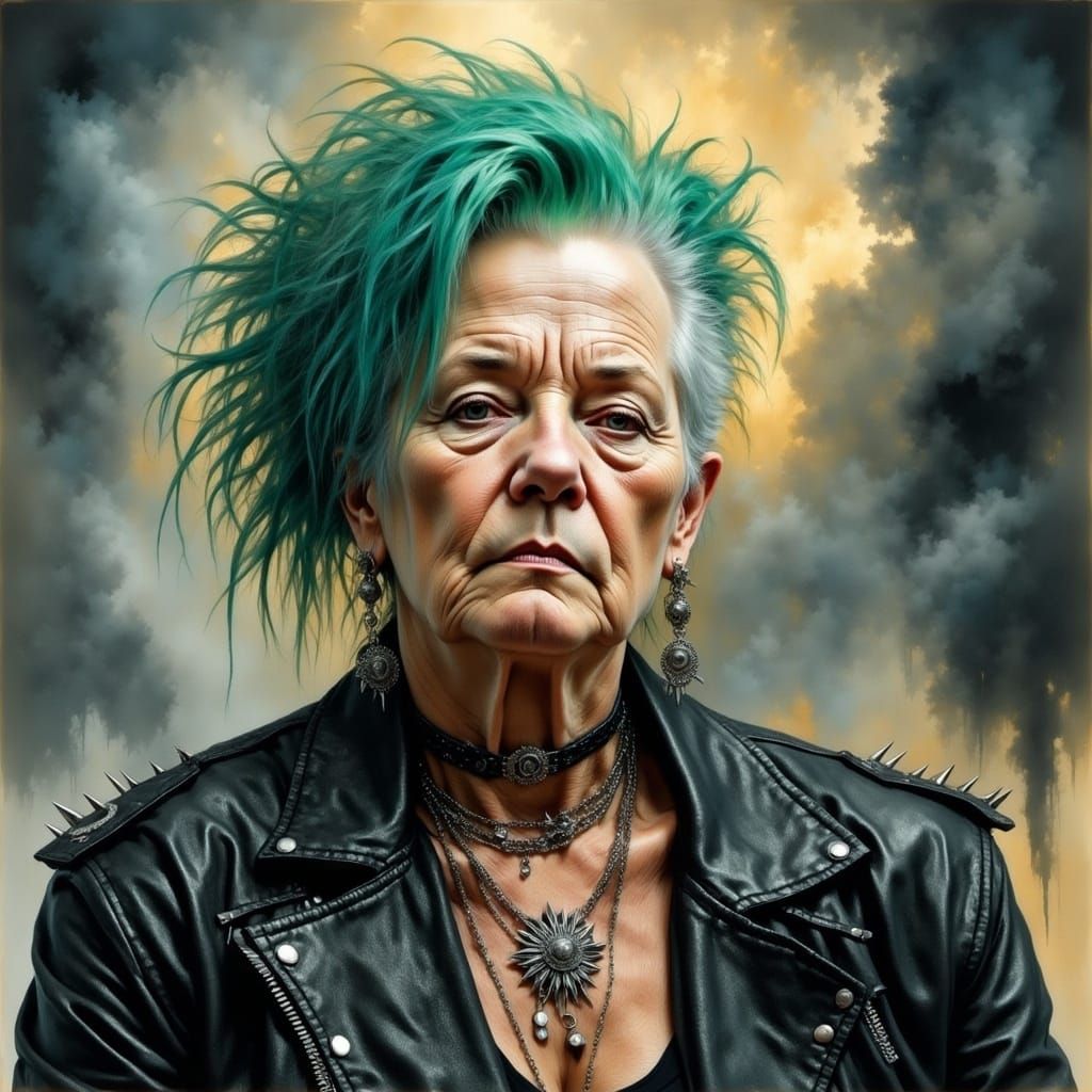 <lora:Metal Intensity:1.0> Silver rainbow portrait of a chubby elderly woman painting style, hazy swirling, low contrast, pastel, not realis...