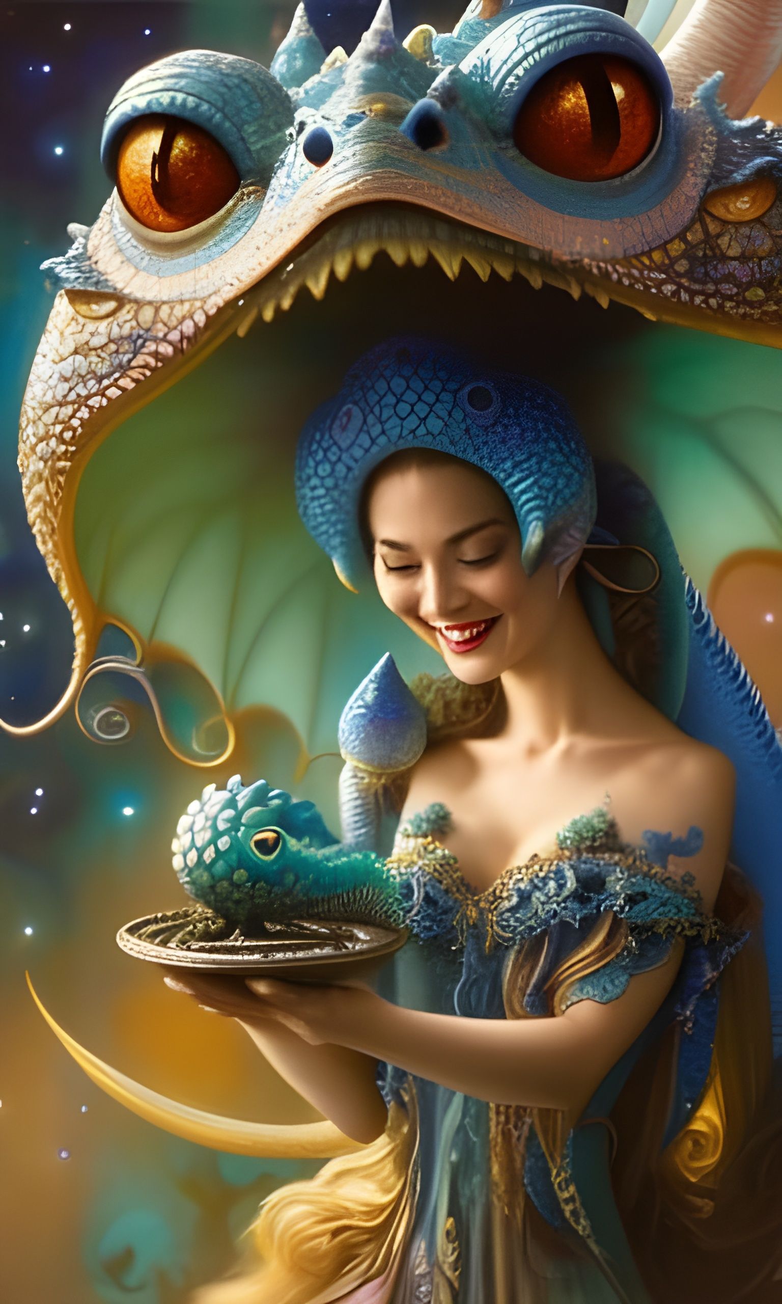 Joyful Pixie Portrait with Dragon Familiar in Dark Fantasy
