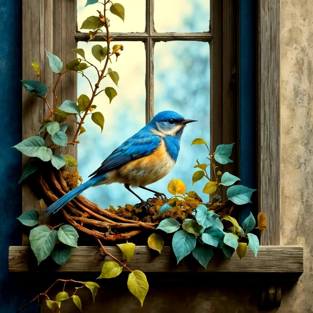 A highly detailed photorealistic painting of a small bird perched on a dry, twisted branch growing through ...  by @Hugo Raul