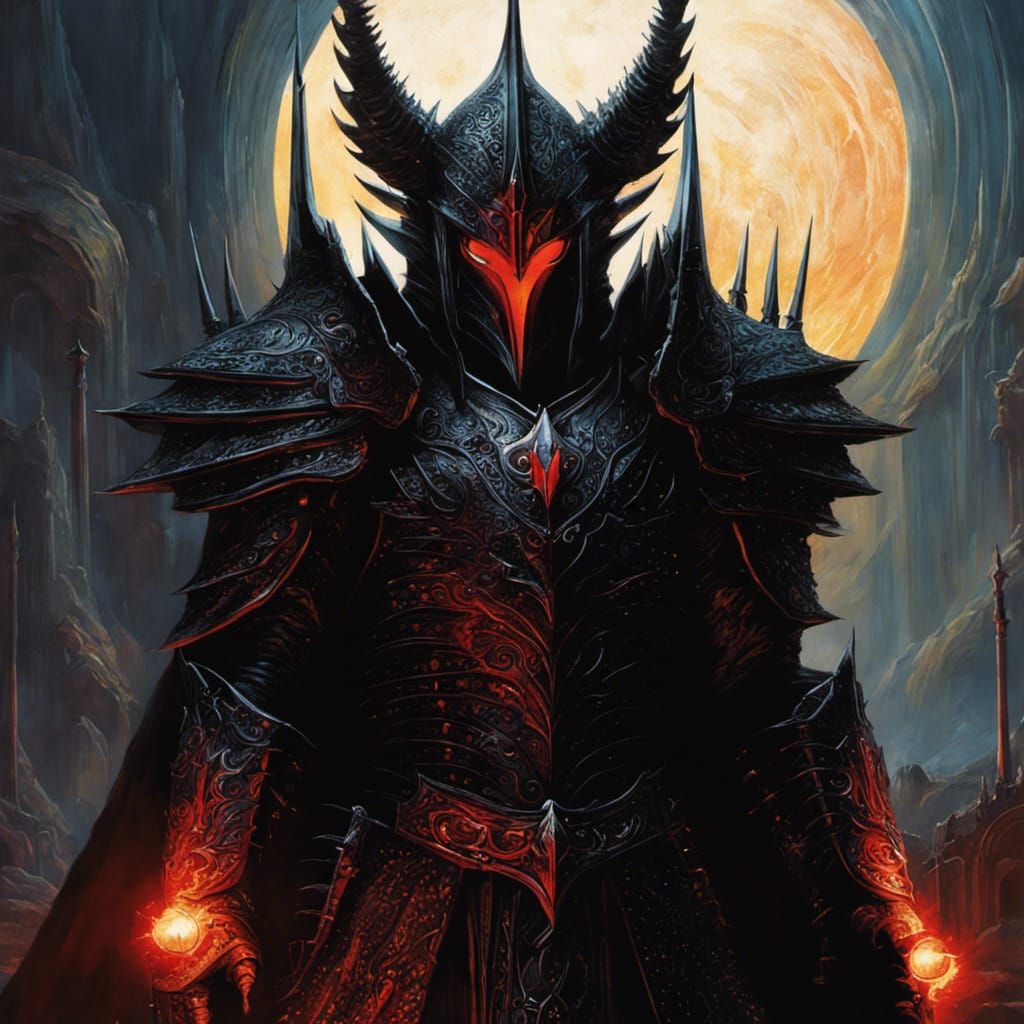 Sauron in black spiked armour, red glowing eyes, , by Richard Michael ...