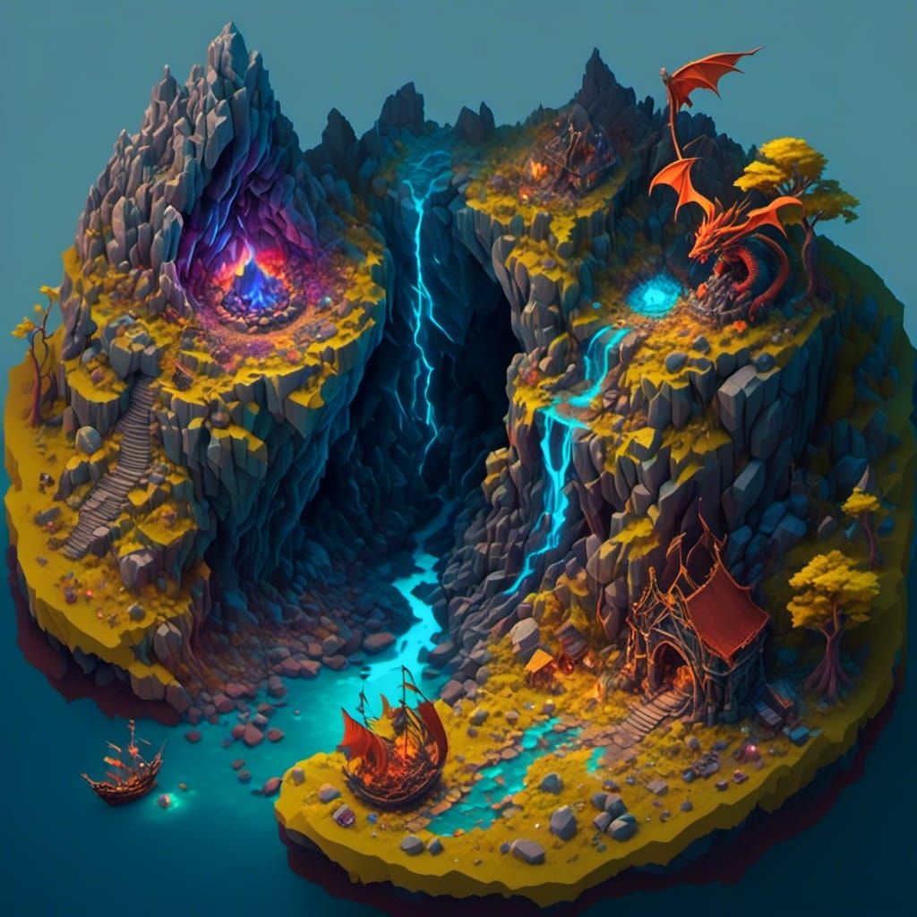  <lora:Isometric View:1.0> isometric view  vulcano with a dragon lair