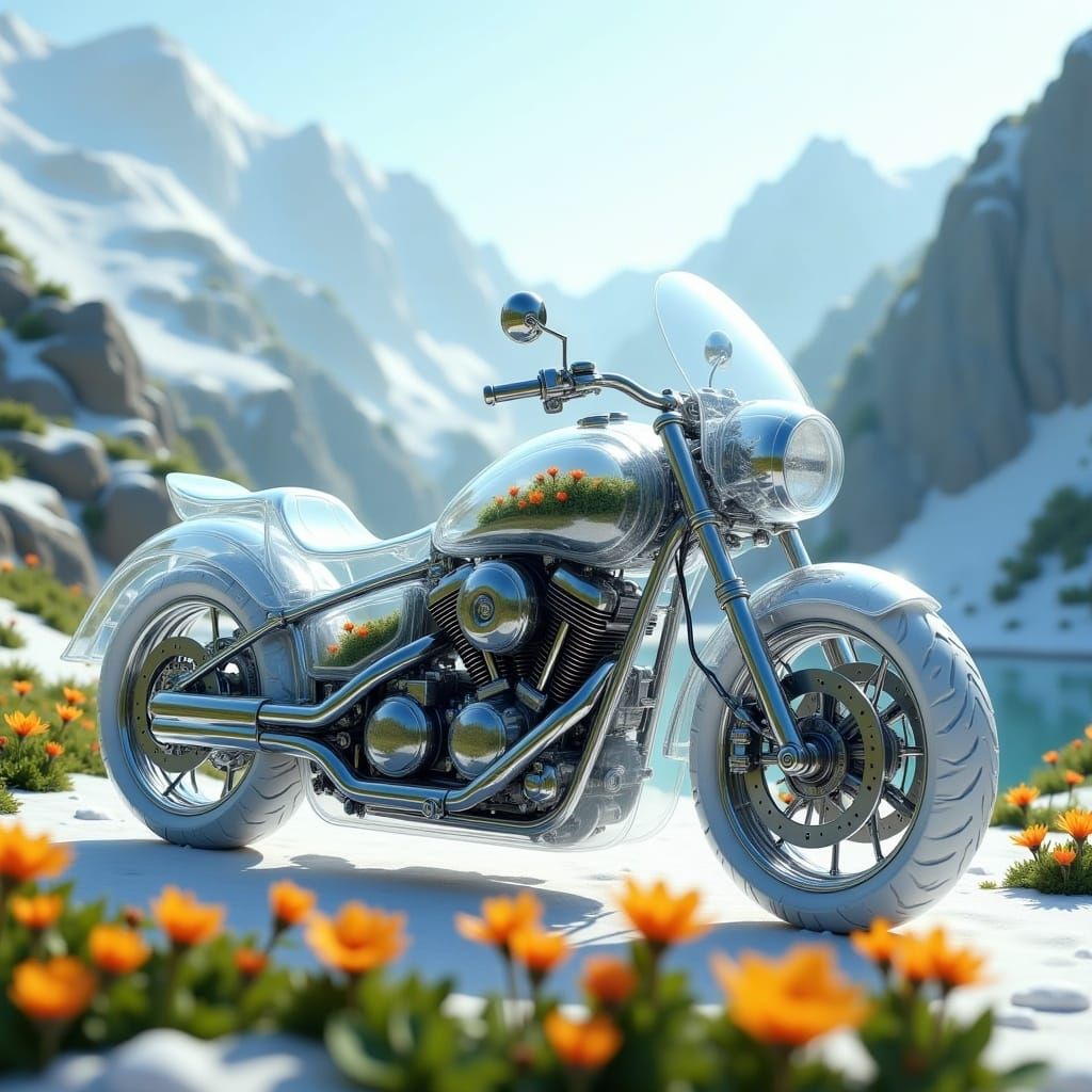 <lora:Transparent:1.0>A transparent, massive motorcycle machine showing all the parts inside, engine, seat, every detail. It is entirely tra...