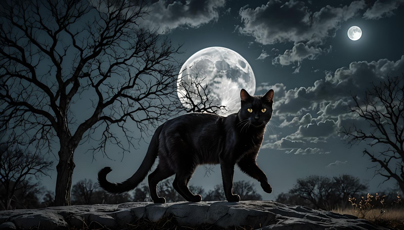 A black cat crossing in front of a full moon, embodying the classic superstition.  by @Mia