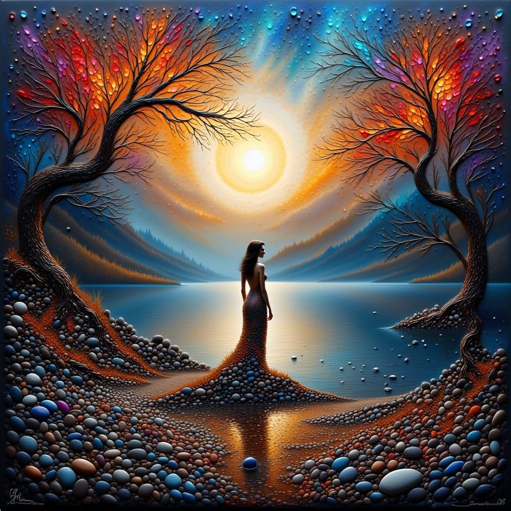 <lora:Pebble Art:1.0> .Expressive, dreamlike textures. Vibrant, clashing colors. Dramatic, golden hour lighting with deep shadows. Emotive,...