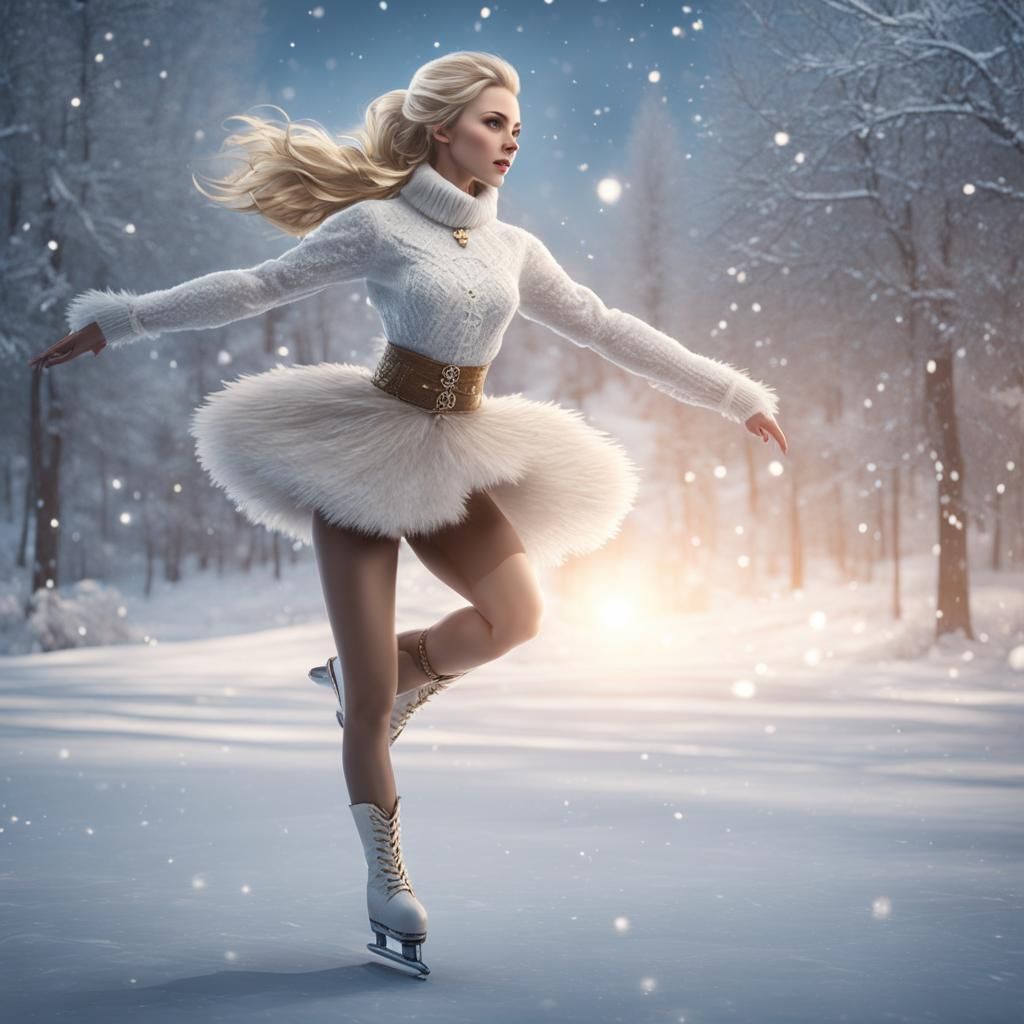 (Solo) blonde Russian young woman dancing on the ice, (figure skating), (dynamic pose), ice, winter snowflakes, ...  by @Des Kitten