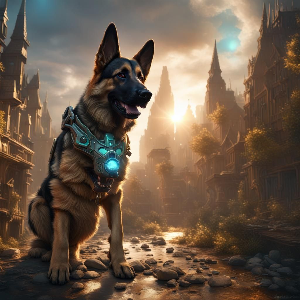 Cyborg German shepherd while sun breaks through, iridescent ...