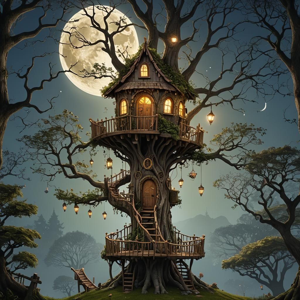 A lovely fairy treehouse under a full moon  by @Maulkat
