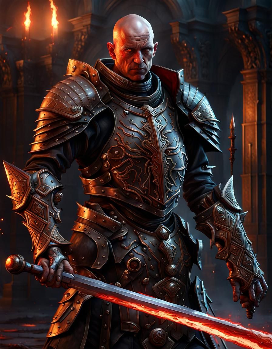 heavily armored human. two handed hammer as weapon. shaved head. burn scar on the left side of his face ...  by @Burgar