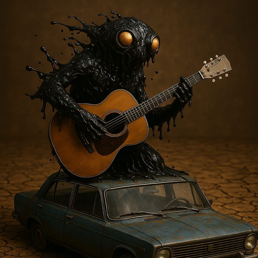 tar riffs on a car with guitar