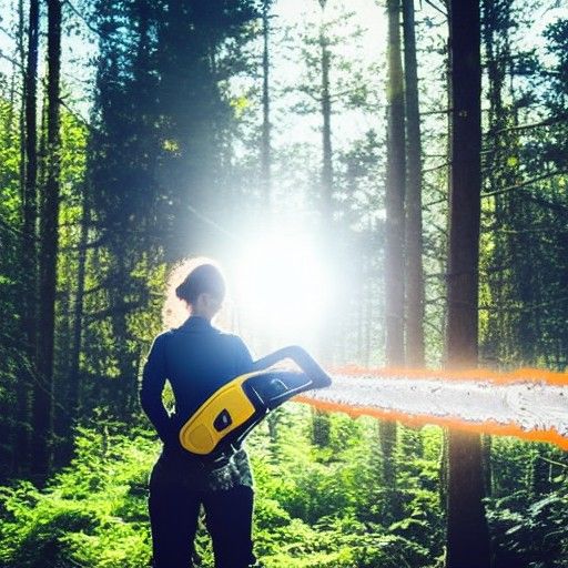 woman with chainsaw in the forest