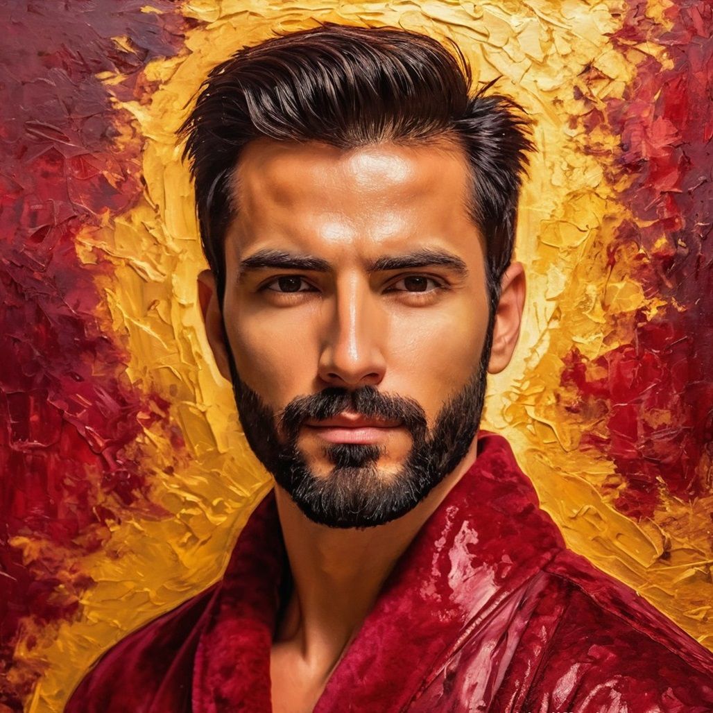 Portrait of a handsome bearded man wearing a red bathrobe