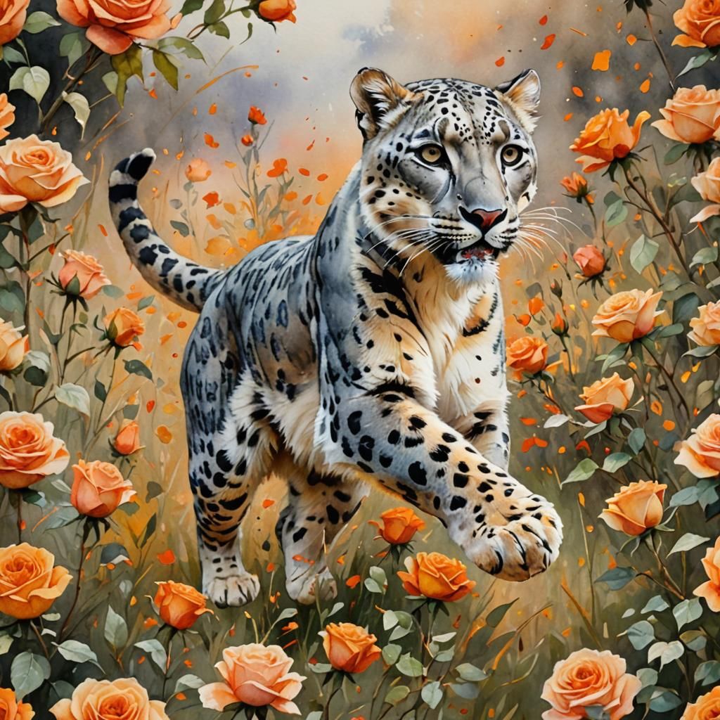 Snow Leopard in Roses: Vibrant Watercolor Painting