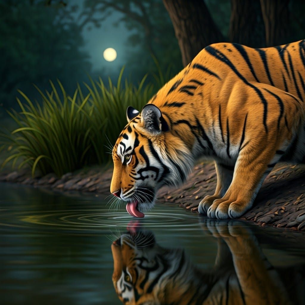 A tiger quenching its thirst at a forest pond, set against the backdrop of dusk. The light of a tiny ...  by @Bella Dog