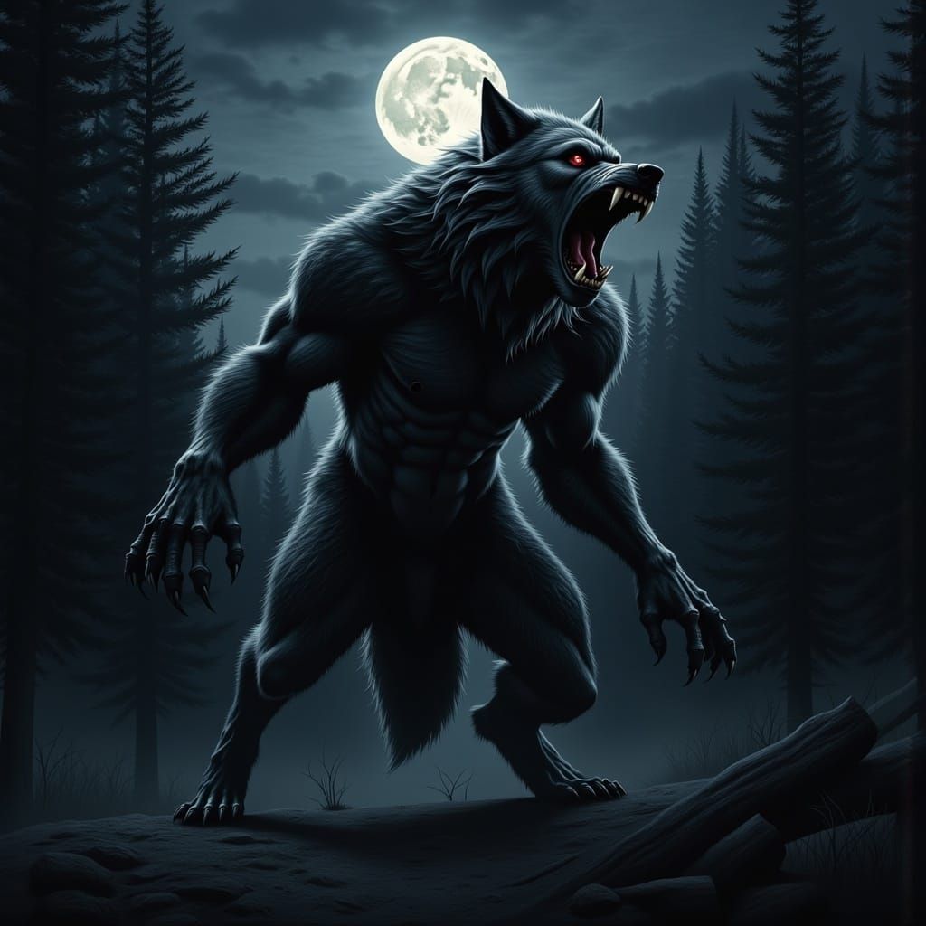 <lora:Flux Werewolf v2:1.0> A werewolf in the middle of his transformation under the moonlight, by Rick Melton, realistic fur, photorealism,...