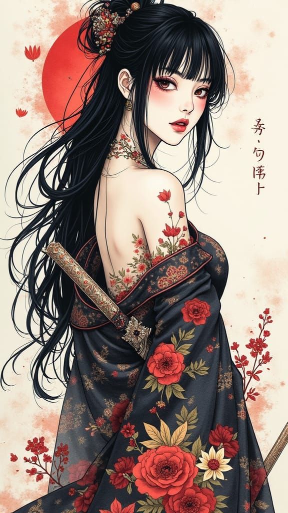 Sensual Samurai Ink Illustration with Floral Patterns