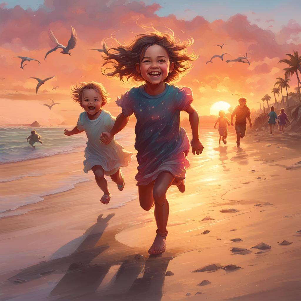 A young toddler girl running around happily  at a beach with a lovely sunset while her adult self watches ...  by @LeviLover