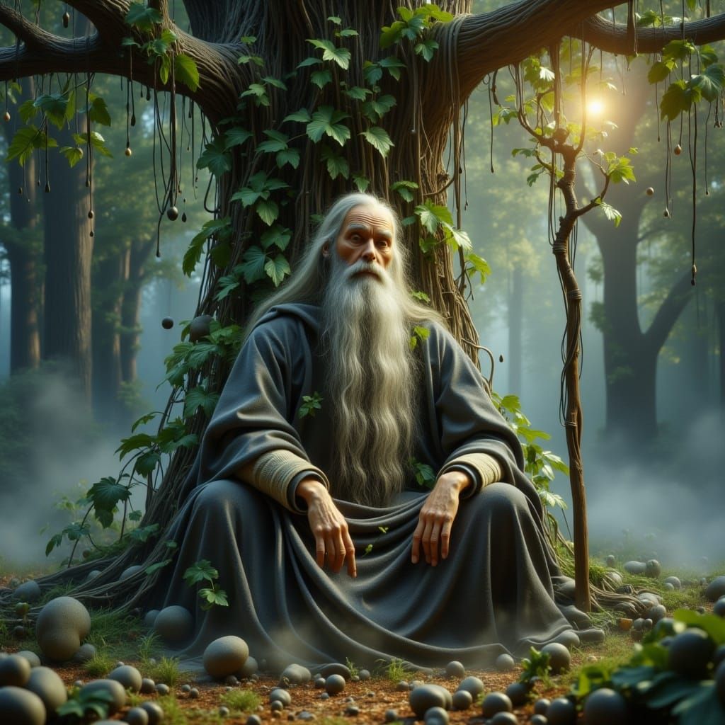 <lora:-QDR-:1.0> An old and wise druid wearing a long grey worn robe. His beard is long. Vines are growing around his legs up his body and t...