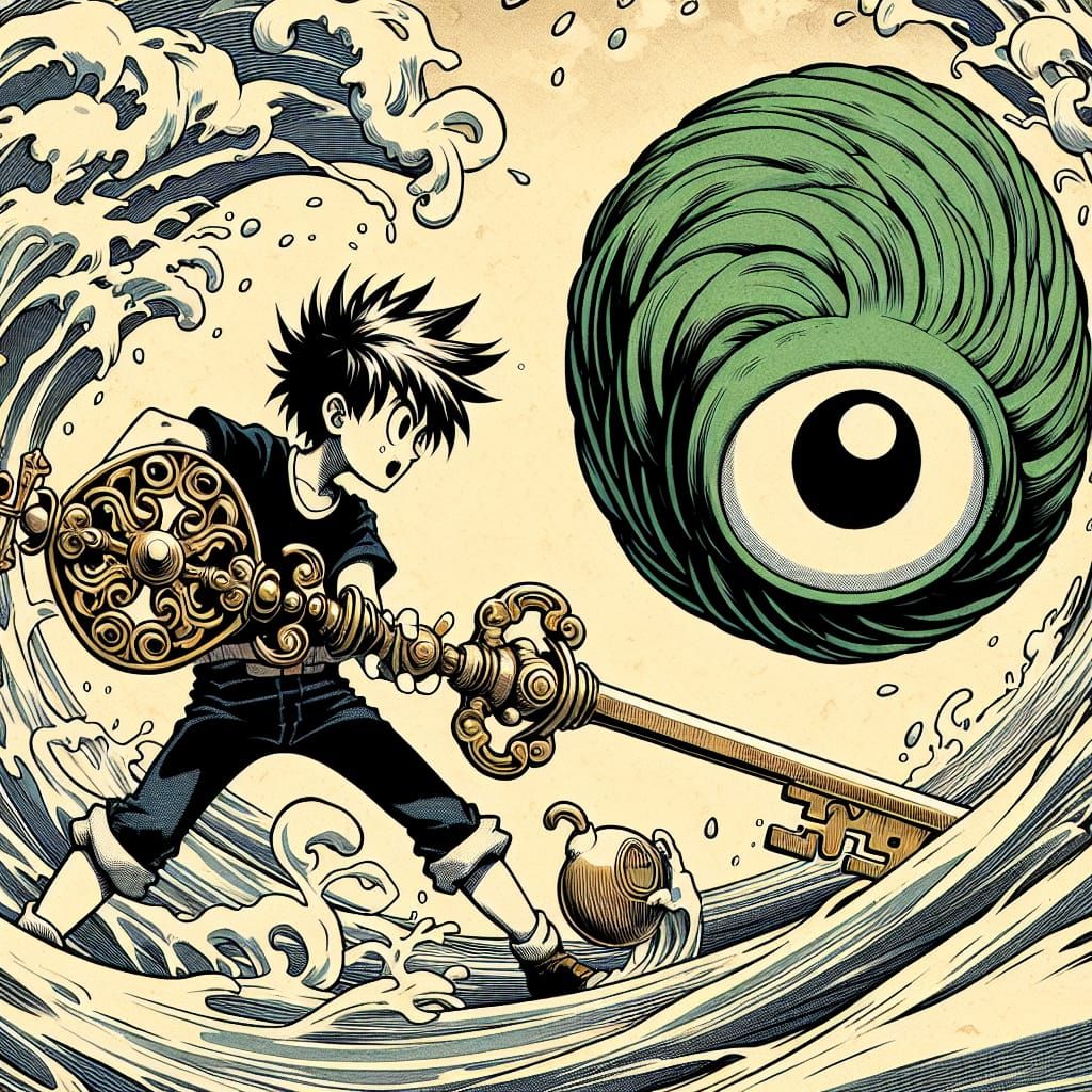 Sora slashes his keyblade at Mike Wazoski water bending