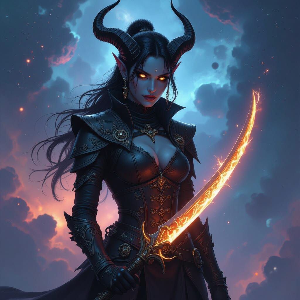 A majestic tiefling rogue, adorned in dark, ornate leather armor, stands silhouetted against a swirling nebula of cosmic dust and distant ga...