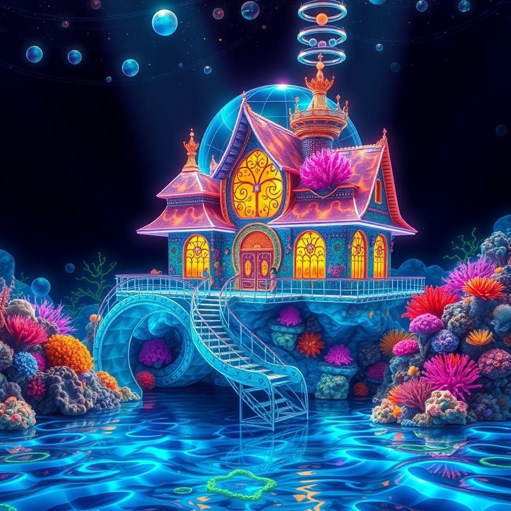 transparent coral reef house, underwater atlantis made of coral reef, bright vibrant colors, rich, painting by dan mumford, electric fluores...