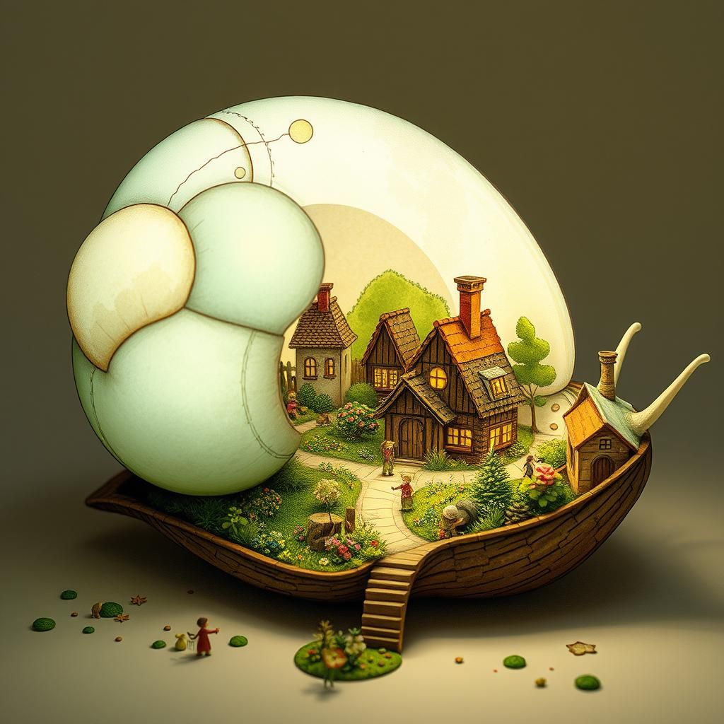 A whole world inside of a snail, miniature people and houses...