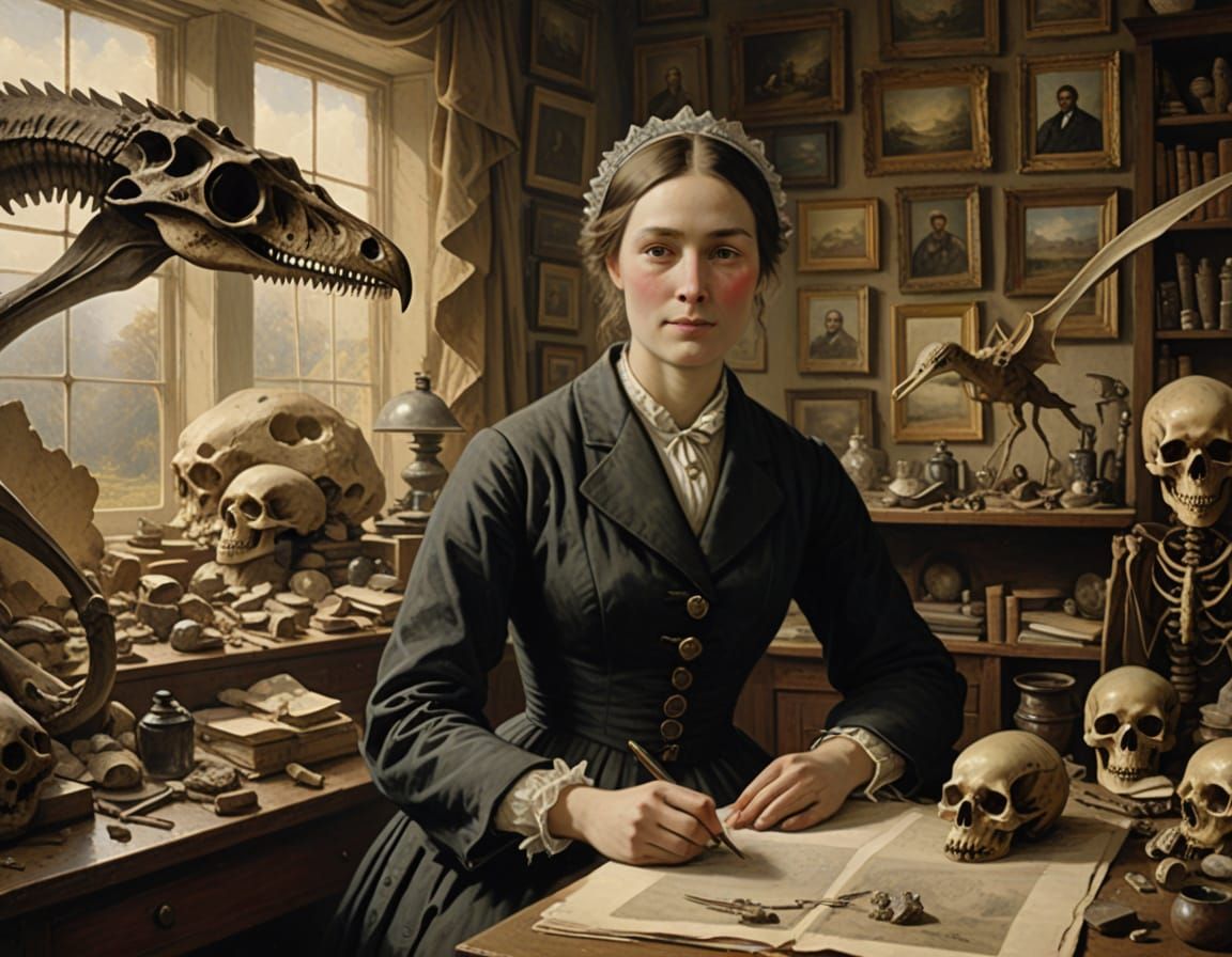 young researcher Mary Anning in the middle of her paleontologist's room  by @drummerD