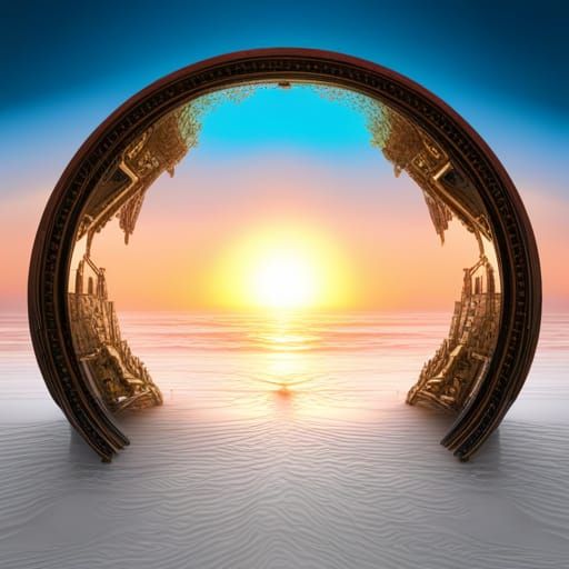 A portal on a beach to another place.