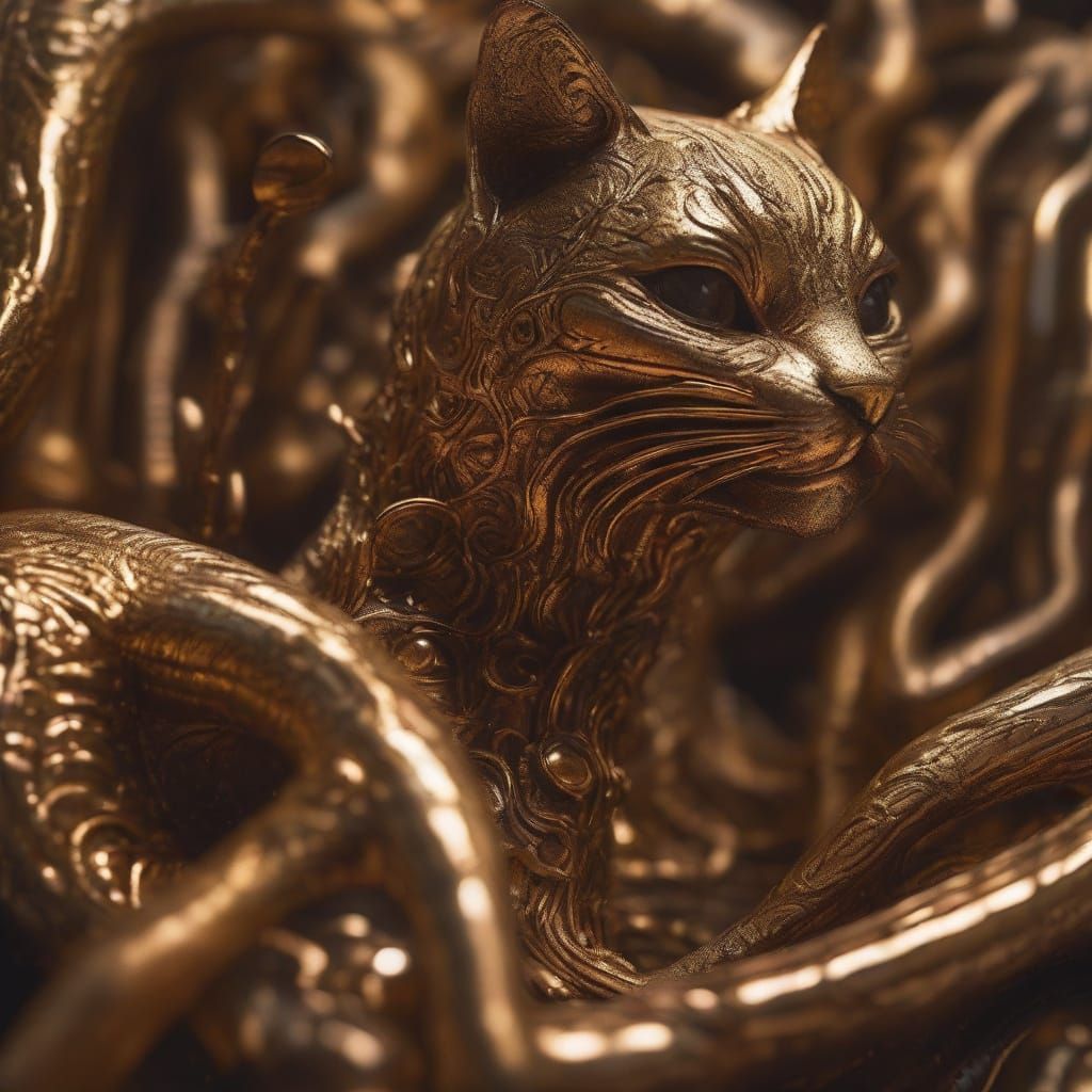 Vibrant Biomechanical Cat Sculpture in Golden Light