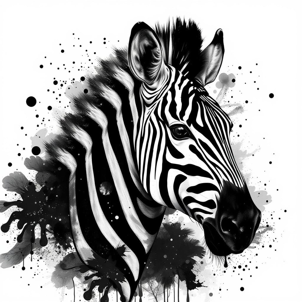 An amazing black ink splash art image of a zebra  by @Dantonio