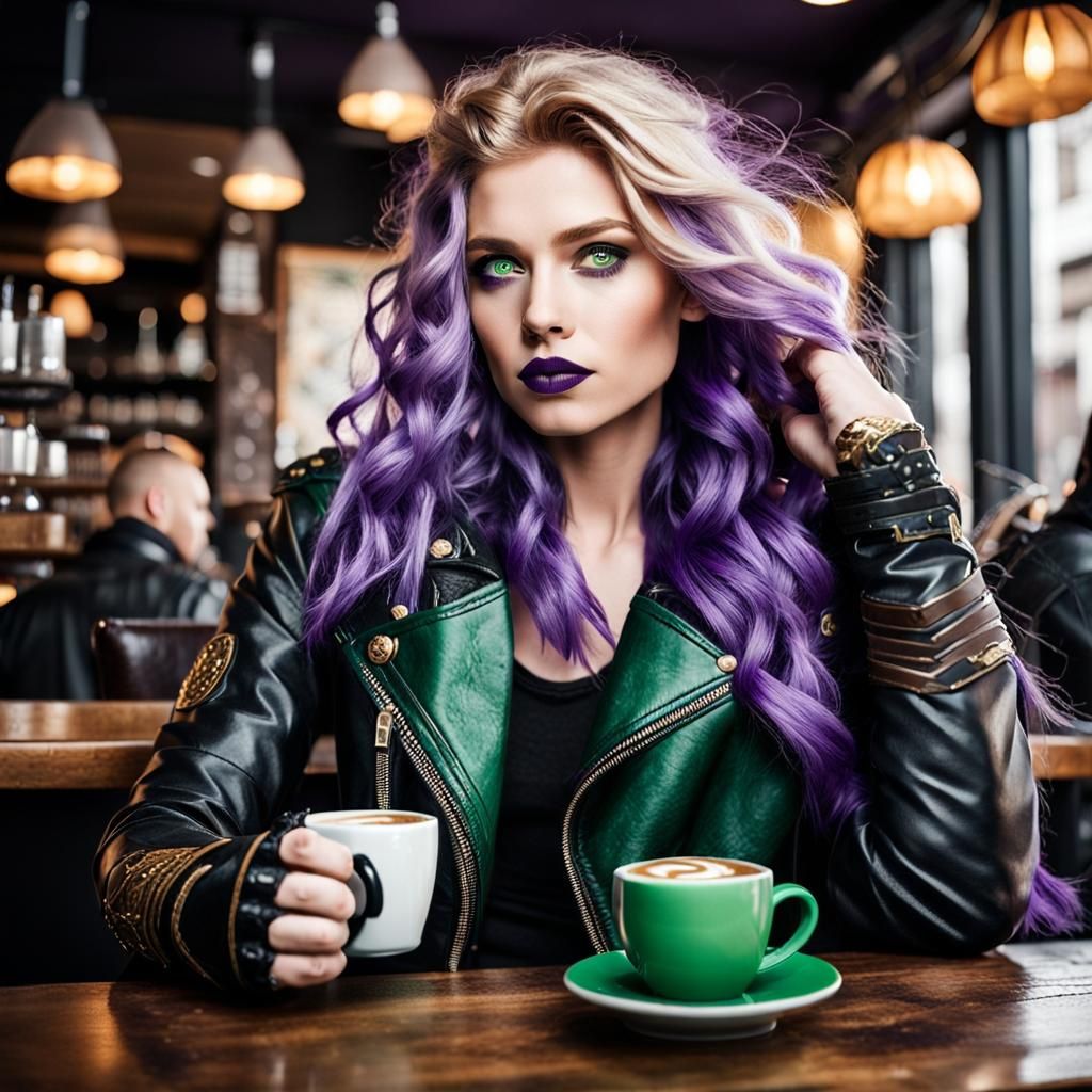 Valkyrie with Viking features, wavy golden hair that has pur...