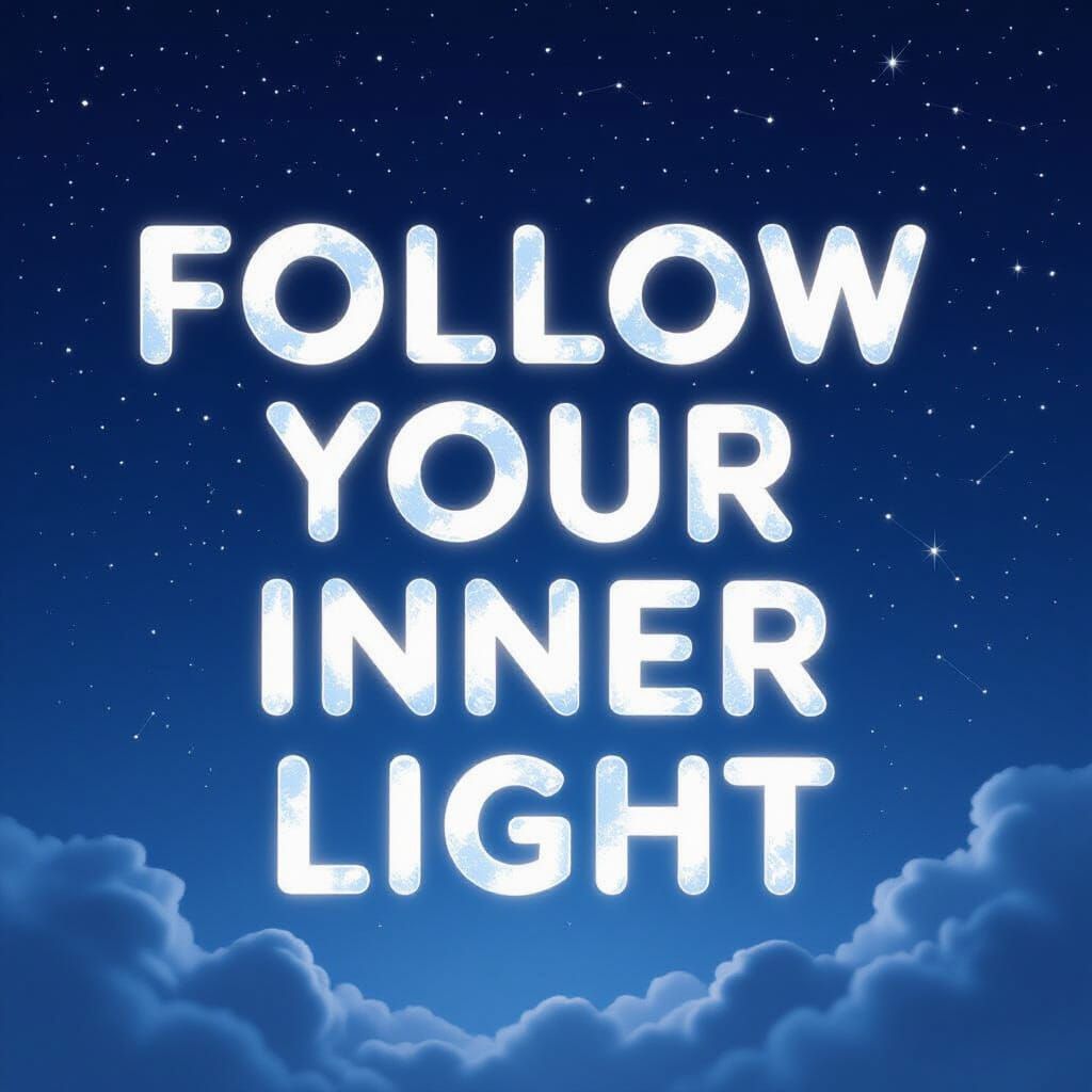 Hyper-realistic, artistic illustration of the slogan “Follow your inner light” written across a starry night sky. Each letter glows softly f...